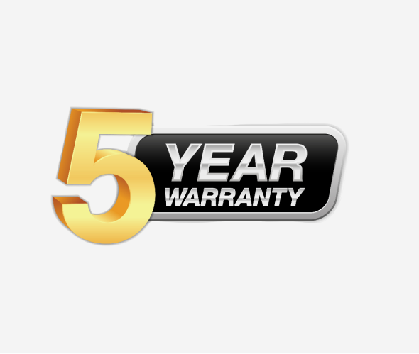 5 Year Warranty badge in gold and black.